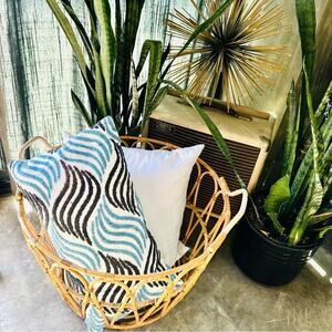 WEST ELM Light Blue Navy Striped Button Back Textured Pillow Case Sham Inserts